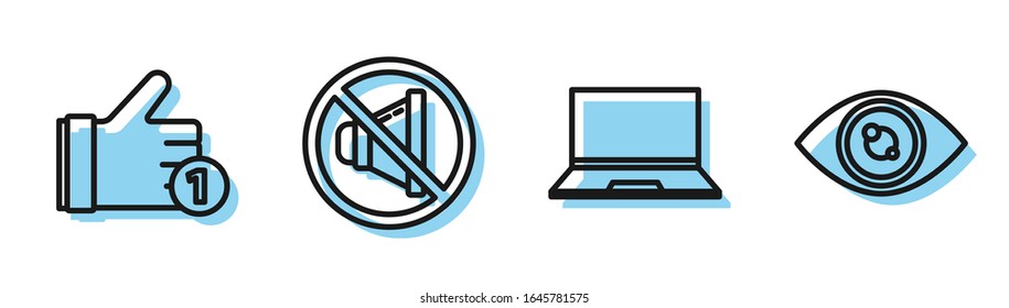 Set line Laptop, Hand like, Speaker mute and Eye icon. Vector