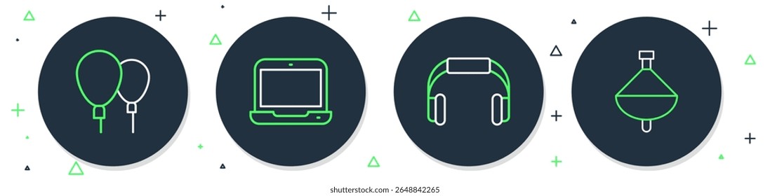 Set line Laptop, Headphones, Balloons and Whirligig toy icon. Vector