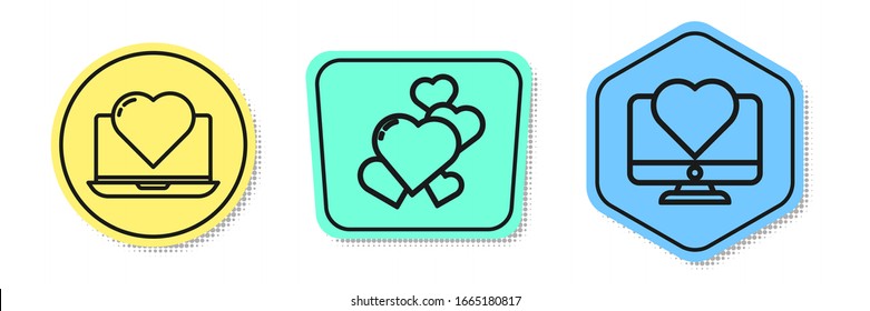 Set line Laptop with heart, Heart and Computer monitor with heart. Colored shapes. Vector