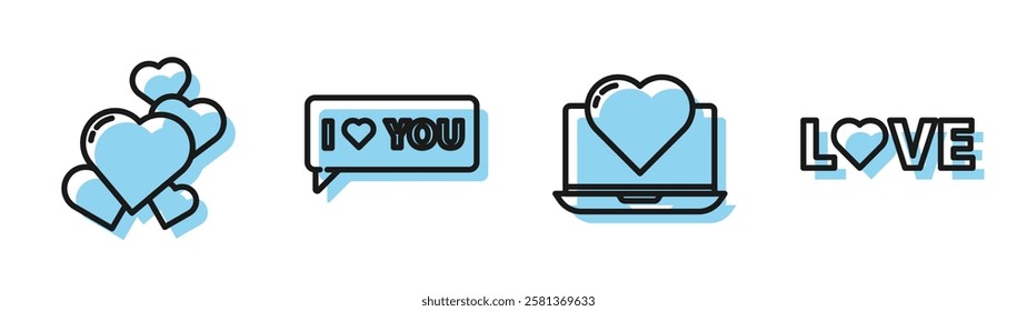 Set line Laptop with heart, Heart, Speech bubble with I love you and Love text icon. Vector