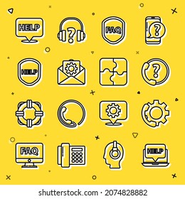 Ajuste la línea Portátil y ayuda, Soporte telefónico las 24 horas, Preguntas frecuentes sobre el escudo con texto, Configuración de sobres, Ayuda, burbuja de voz y icono de la pieza de rompecabezas. Vector