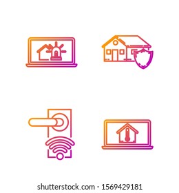 Set line Laptop with house temperature, Digital door lock with wireless technology for unlock, Laptop with smart house and alarm and House under protection. Gradient color icons. Vector