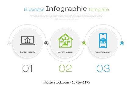Set line Laptop with house temperature, Smart house and alarm and Mobile phone with smart home with wi-fi. Business infographic template. Vector