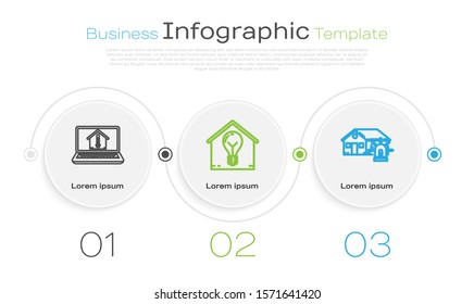 Set line Laptop with house temperature, Smart house and light bulb and Smart house and alarm. Business infographic template. Vector