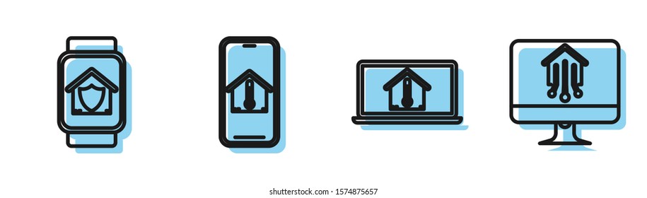 Set line Laptop with house temperature, Smart watch with house under protection, Mobile phone with house temperature and Computer monitor with smart home icon. Vector