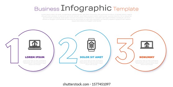 Set line Laptop with house temperature, Smart home with smart watch and Laptop with smart house and light bulb. Business infographic template. Vector