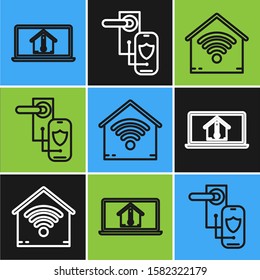 Set line Laptop with house temperature, Smart home with wi-fi and Digital door lock with wireless technology for lock icon. Vector
