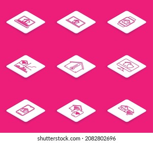 Ajuste la línea Laptop con temperatura de la casa, bombilla inteligente y ligera, Smart watch bajo protección, wi-fi en casa, House, monitor de computadora, teléfono móvil e icono. Vector