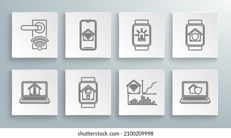 Set line Laptop with house temperature, Mobile phone smart home wi-fi, Smart watch and light bulb, under protection, alarm,  and Digital door lock wireless technology for unlock icon. Vector
