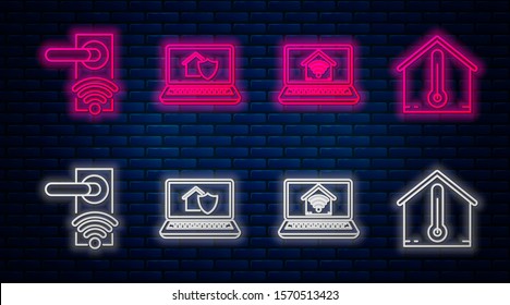 Set line Laptop with house under protection, Laptop with smart home with wi-fi, Digital door lock with wireless technology for unlock and House temperature. Glowing neon icon on brick wall. Vector