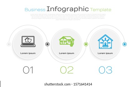 Set line Laptop with house under protection, House temperature and Smart house and alarm. Business infographic template. Vector
