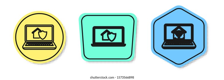 Set line Laptop with house under protection, Laptop with house under protection and Laptop with smart home with wi-fi. Colored shapes. Vector