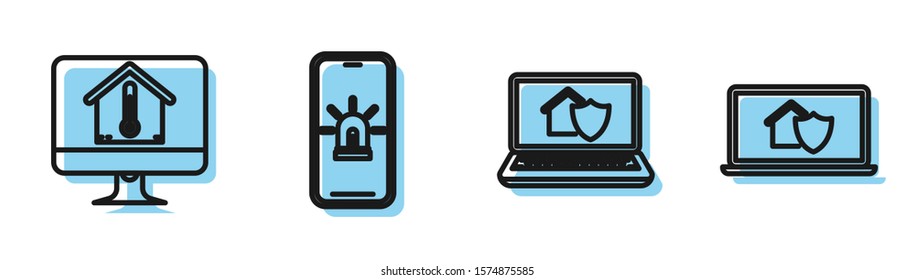 Set line Laptop with house under protection, Computer monitor with house temperature, Mobile phone with smart house and alarm and Laptop with house under protection icon. Vector