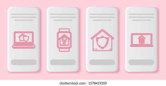 Set line Laptop with house under protection, Smart watch with smart house and light bulb, House under protection and Laptop with smart home. White rectangle button. Vector