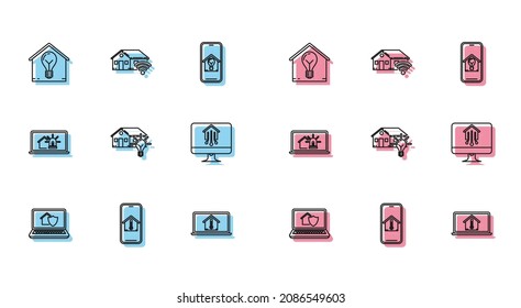 Set Line Laptop With House Under Protection, Mobile Phone Temperature, Smart And Light Bulb, Computer Monitor Smart Home, Alarm And Wi-fi Icon. Vector