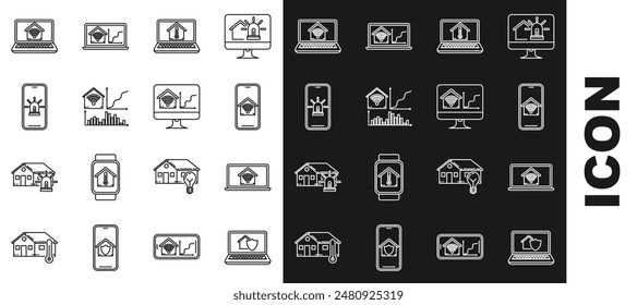 Set line Laptop mit Haus unter Schutz, Smart Home Wi-Fi, Handy, Temperatur, Smart, Alarm und Computermonitor-Symbol. Vektorgrafik