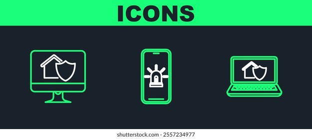Set line Laptop with house under protection, Computer monitor and Mobile phone smart and alarm icon. Vector
