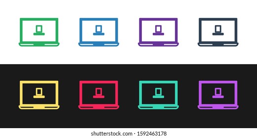 Set line Laptop icon isolated on black and white background. Computer notebook with empty screen sign.  Vector Illustration