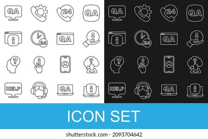 Set line Laptop with information, Head question mark, Information, Telephone 24 hours support, Clock, Monitor FAQ, Question and Answer and  icon. Vector