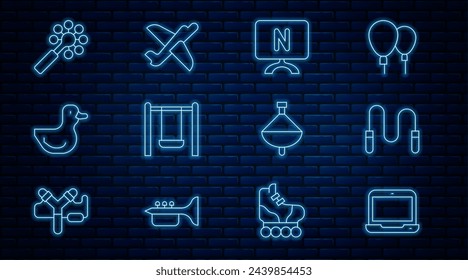 Set line Laptop, Jump rope, Smart Tv, Swing, Rubber duck, Rattle baby toy, Whirligig and Toy plane icon. Vector