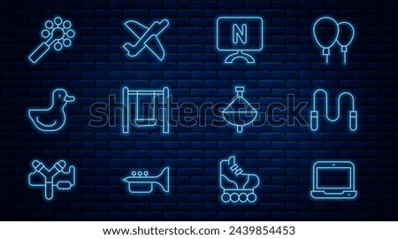 Set line Laptop, Jump rope, Smart Tv, Swing, Rubber duck, Rattle baby toy, Whirligig and Toy plane icon. Vector