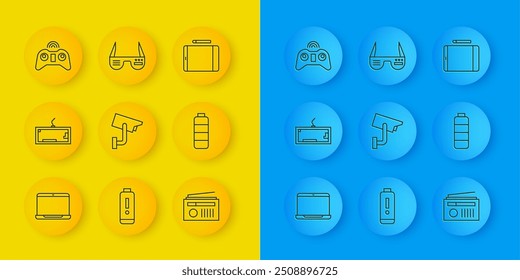 Set line Laptop, Keyboard, Security camera, Radio with antenna, Battery charge level indicator, Wireless gamepad, Graphic tablet and Smart glasses icon. Vector