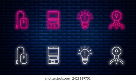 Set line Laptop, Light bulb with concept of idea, Computer mouse and Web camera. Glowing neon icon on brick wall. Vector