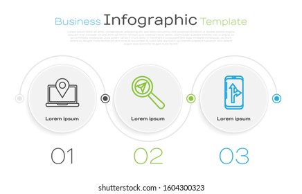 Set line Laptop with location marker, Search location and Infographic of city map navigation. Business infographic template. Vector