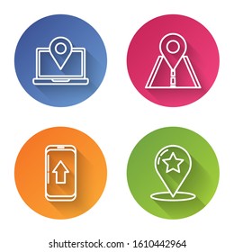 Set line Laptop with location marker, Road traffic sign, Infographic of city map navigation and Map pointer with star. Color circle button. Vector