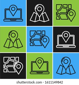 Set line Laptop with location marker, Folded map with location marker and Folded map with location marker icon. Vector
