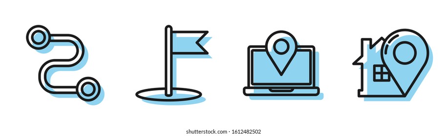 Set line Laptop with location marker, Route location, Flag and Map pointer with house icon. Vector