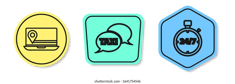 Set line Laptop with location marker, Taxi call telephone service and Stopwatch 24 hours. Colored shapes. Vector