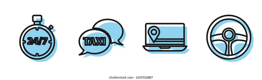 Set line Laptop with location marker, Stopwatch 24 hours, Taxi call telephone service and Steering wheel icon. Vector
