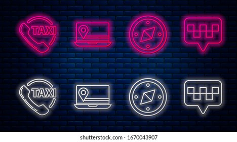 Establezca la línea Portátil con marcador de ubicación, Compass, Taxi call phone service y Mapa puntero con taxi. Icono de neón brillante en la pared de ladrillo. Vector