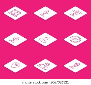 Die Linie Laptop mit der Ortsmarke, Zurück Straße Schild, Straßenverkehr, Stopp, Location Person, Kompass, Cafe und Restaurant und die Welt Symbol. Vektorgrafik