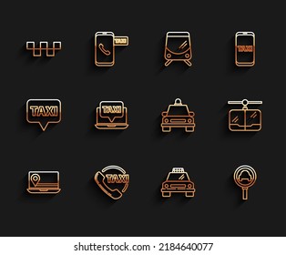 Línea Portátil con marcador de ubicación, servicio de teléfono de llamadas en taxi, techo de coches, vidrio de aumento y taxi, Cable e icono. Vector