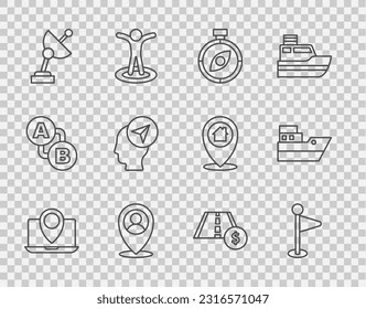 Set line Laptop with location marker, Location, Compass, person, Radar, Toll road traffic sign and Ship line path icon. Vector