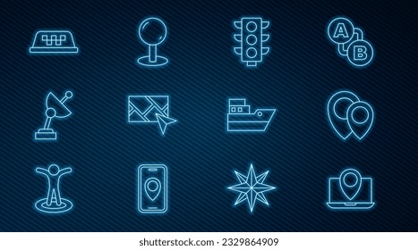 Ajuste la línea Laptop con marcador de ubicación, ubicación, semáforo, navegación de mapa de la ciudad, radar, techo de carro Taxi, ruta de la línea de envío e icono del pin de inserción. Vector