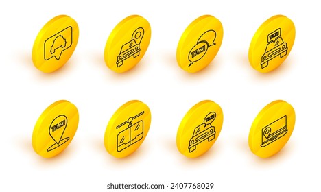 Ajuste la línea Laptop con marcador de ubicación, carro de taxi, cable, taxista del puntero del mapa, servicio de llamadas telefónicas e icono. Vector