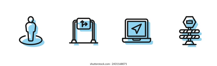 Set line Laptop with location marker, Location person, Road traffic sign and barrier icon. Vector
