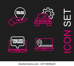 Set line Laptop with location marker, call taxi service, Car and Hand map pointer icon. Vector