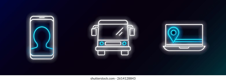 Set line Laptop with location marker, Taxi call telephone service and Bus icon. Glowing neon. Vector
