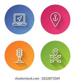 Set line Laptop with location marker, Location anchor, Traffic light and . Color circle button. Vector