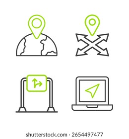 Set line Laptop with location marker, Road traffic sign, Location and the globe icon. Vector