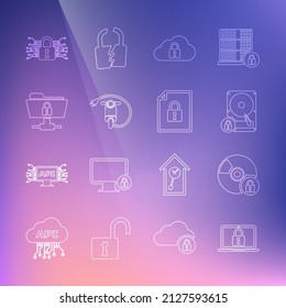Set line Laptop and lock, CD or DVD disk with, Hard drive, Cloud computing, Electric scooter, FTP folder, Cyber security and Document icon. Vector
