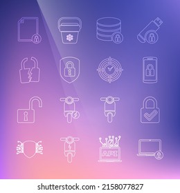 Set line Laptop and lock, Lock check mark, Smartphone with, Server security, Shield, Broken or cracked, Document and Time Management icon. Vector