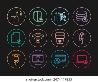 Set line Laptop und Schloss, Elektrischer Roller, Cyber-Sicherheit, WiFi gesperrt, Dokument, Offenes Vorhängeschloss, Kühltasche und Schild mit Symbol. Vektorgrafik