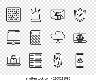 Set line Laptop and lock, Mobile with exclamation mark, Mail message password, Server, Data, Web Hosting, Graphic protection, Password, Lock and  icon. Vector