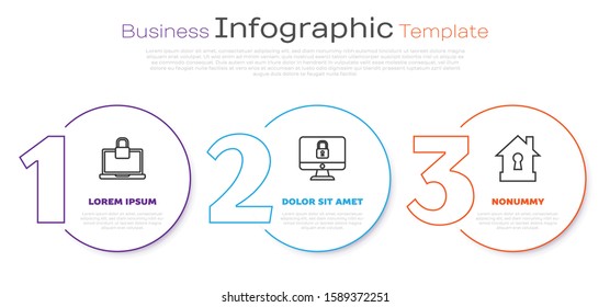 Set line Laptop and lock , Lock on computer monitor screen and House under protection . Business infographic template. Vector