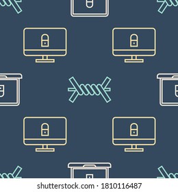 Set line Laptop and lock, Lock on Computer Monitor und Stacheldraht an nahtlosen Mustern. Vektorgrafik